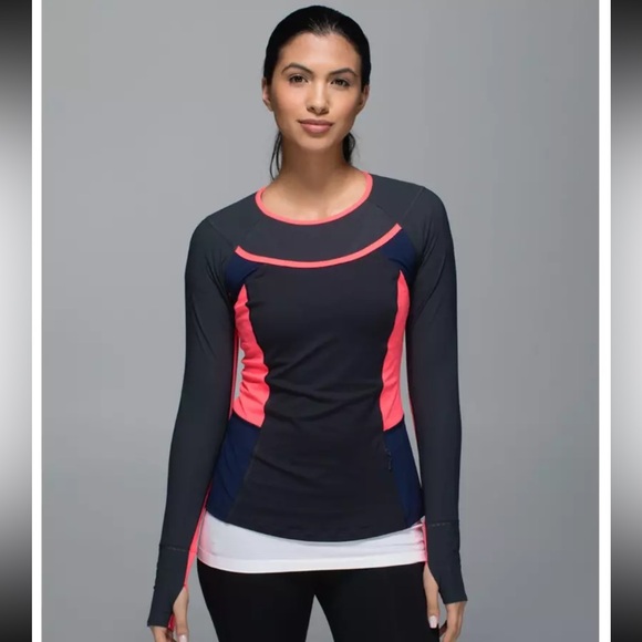 ✨🖤 LULULEMON Trail Bound Long Sleeve Top Luxtreme Electric Coral Coal Navy 🖤✨ - Picture 1 of 2